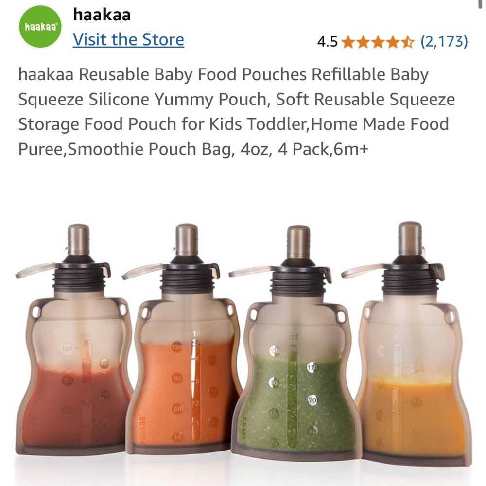 haakaa Reusable Silicone Baby Food Pouches - Smoke (4 Pack)